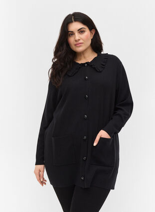 Veste en tricot avec col à volants et poches, Black, Model image number 0