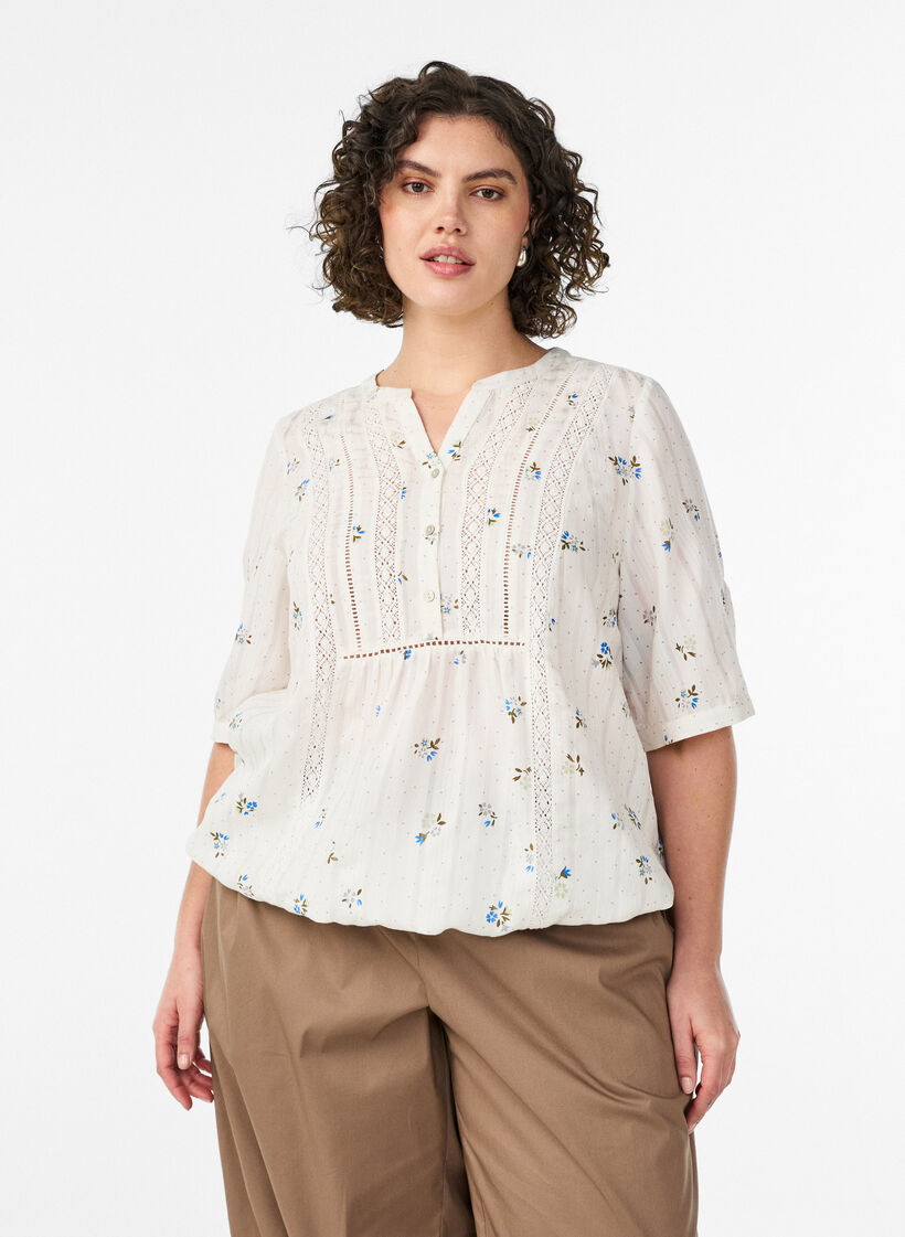 Blouse imprim&eacute;e &agrave; manches 1/2, Vanille, Model image number 0