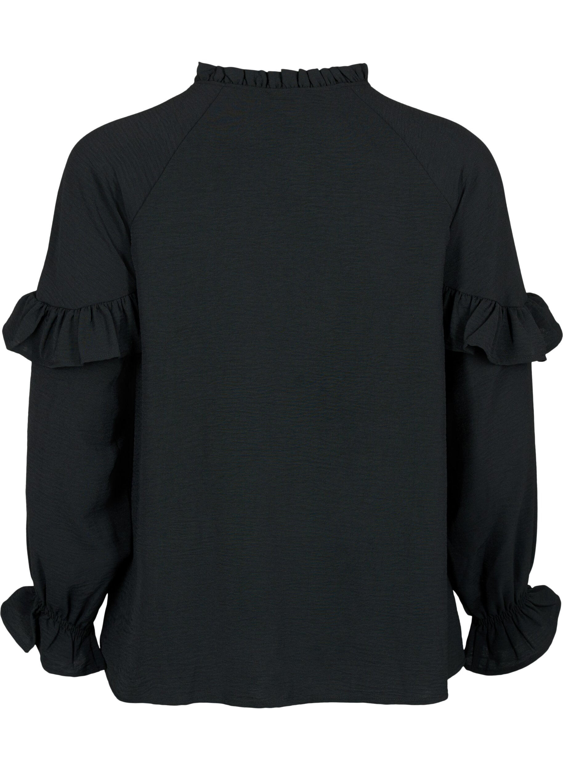 Zizzi Blouse avec volants et boutons, Black, Packshot image number 1