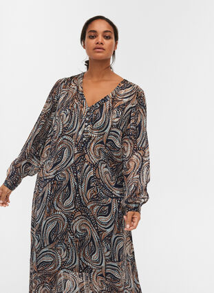 Robe longue à imprimé cachemire et un lien à nouer, Black Paisley, Model image number 2
