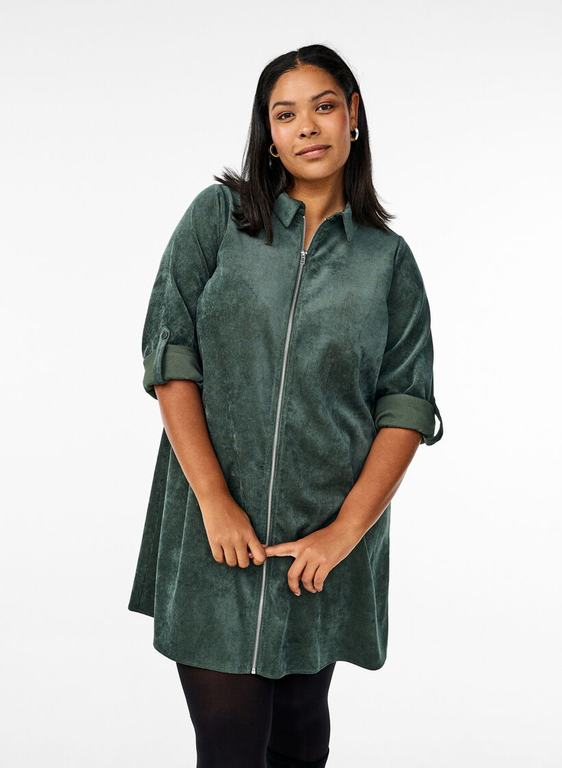Robe en velours avec fermeture Éclair et manches 3/4, Vert, Model image number 0