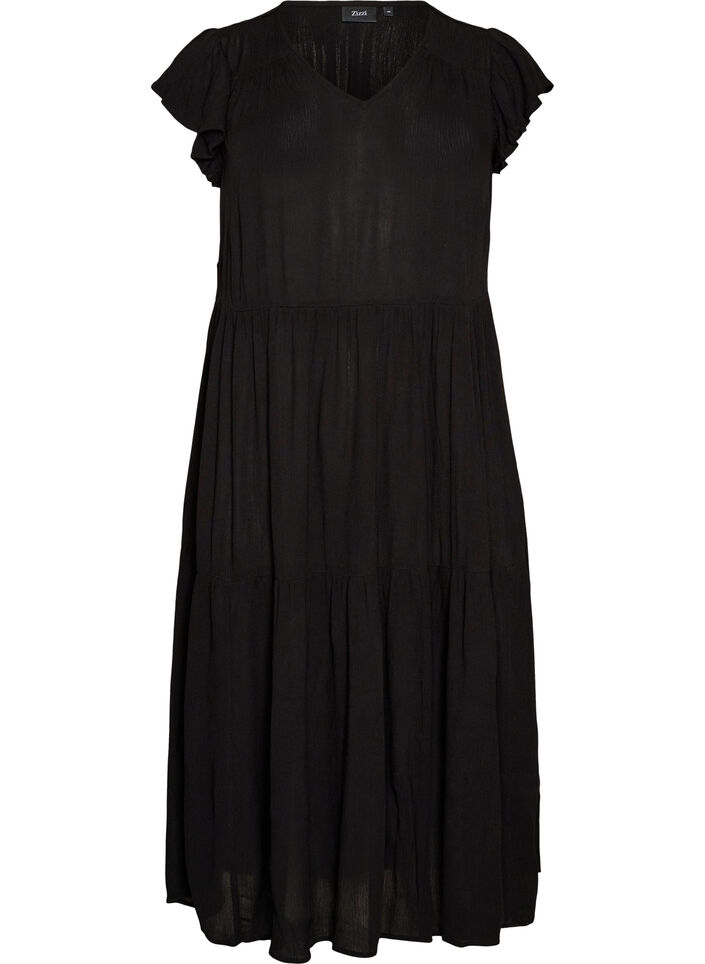 Robe midi en viscose avec manches &agrave; volants, Noir, Packshot image number 0
