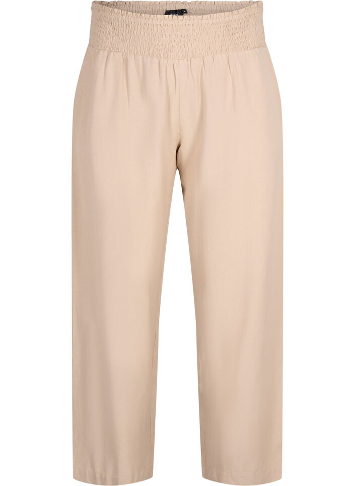 Pantalon smock&eacute; avec lin, Beige, Packshot image number 0