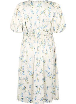 Robe en satin floral avec manches bouffantes, Off White Blue Fl., Packshot image number 1