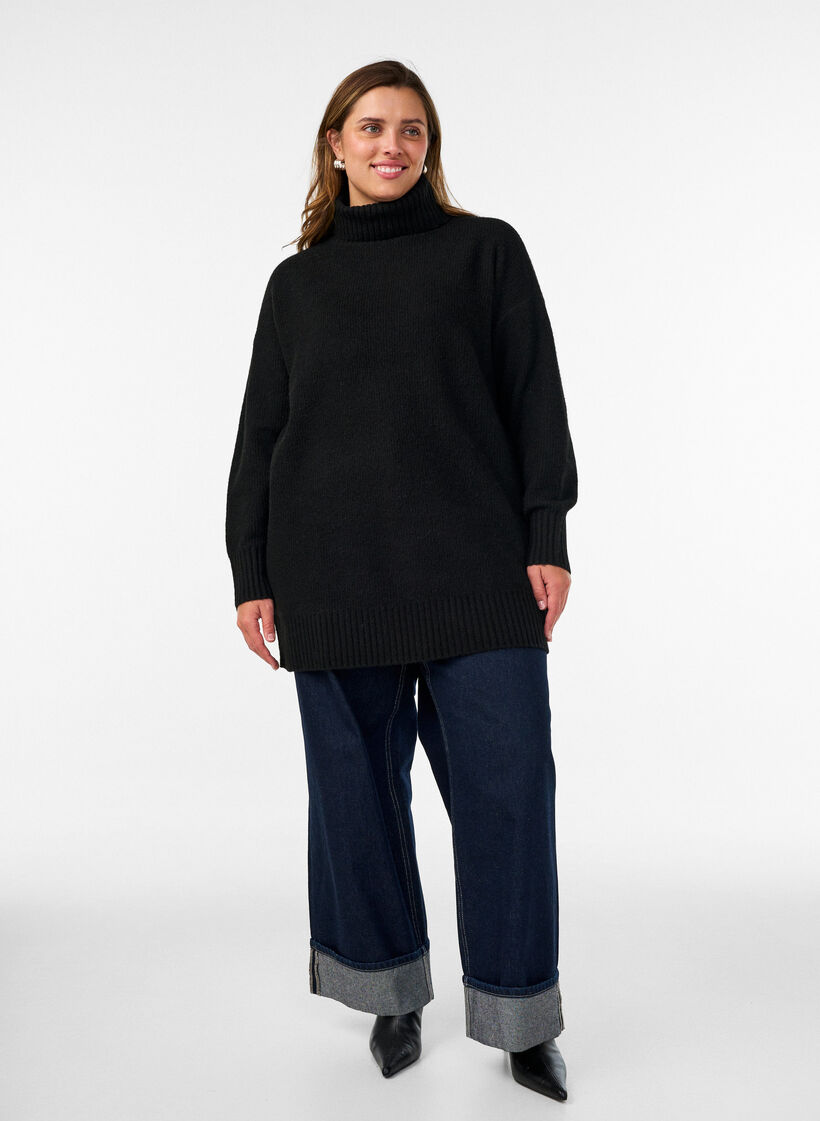 Pull en maille l&acirc;che avec col roul&eacute;, Noir, Model image number 1