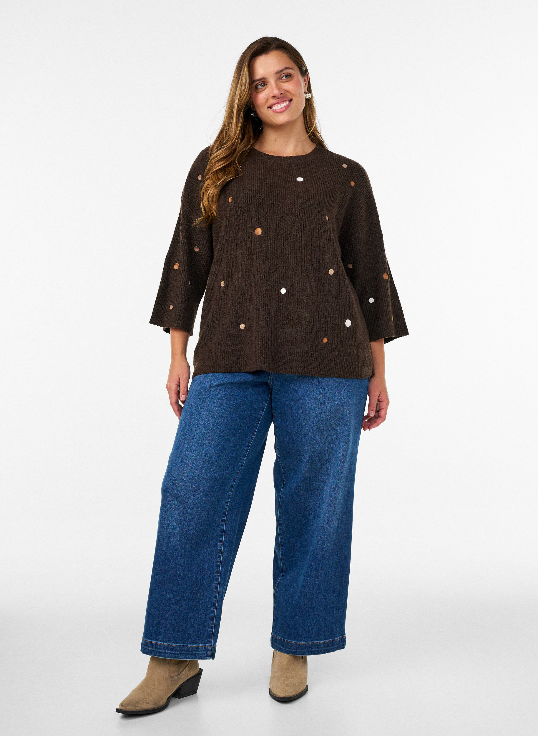 ZizziBlouse en maille avec de petits motifs brod&eacute;s, Marron, Model image number 1