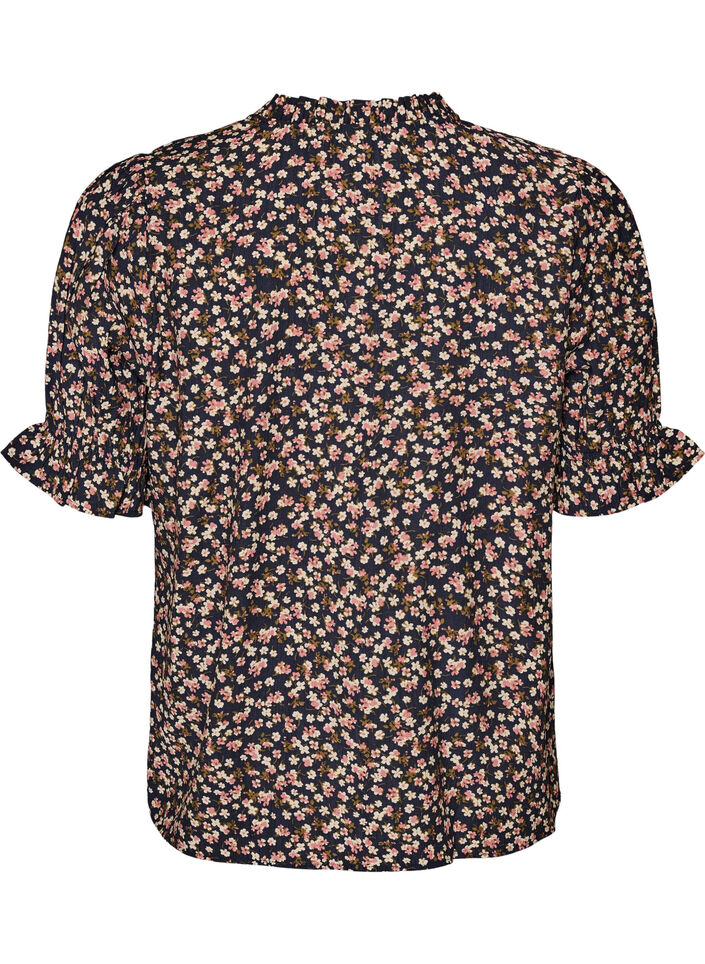 Blouse &agrave; imprim&eacute; floral en viscose avec manches courtes et d&eacute;tails smock&eacute;s, Bleu, Packshot image number 1