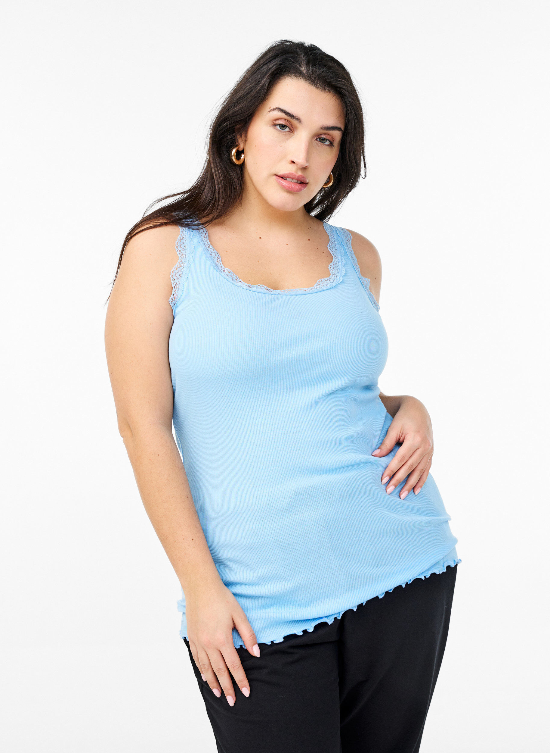 Zizzi Top avec finitions en dentelle, Bleu Clair, Model image number 0