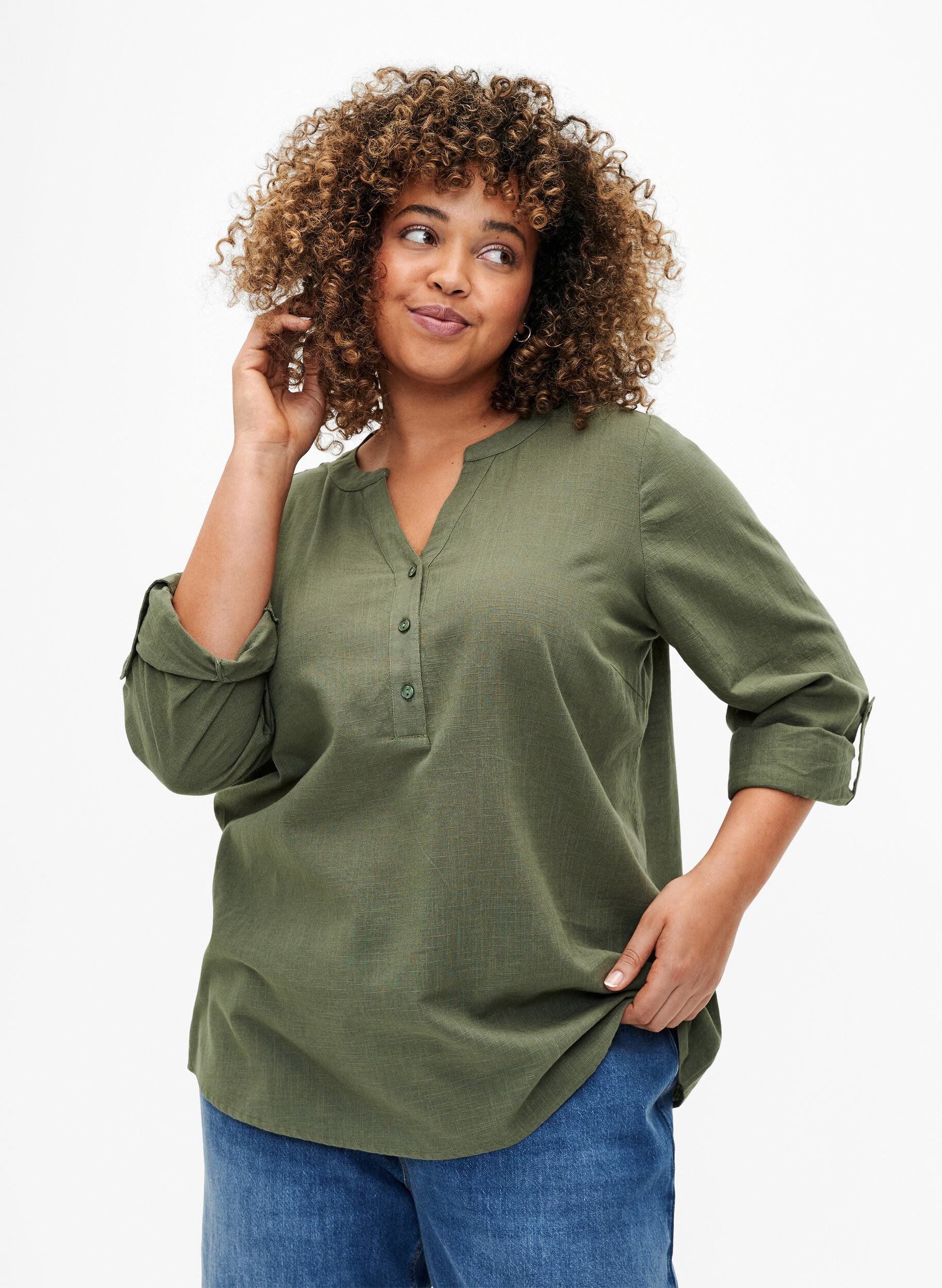 Zizzi Chemisier en coton &agrave; col V, Thyme, Model image number 0