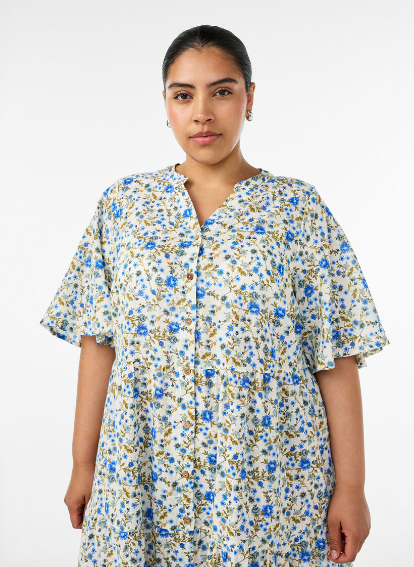 Robe midi en coton avec imprim&eacute; floral, Bleu, Model image number 2