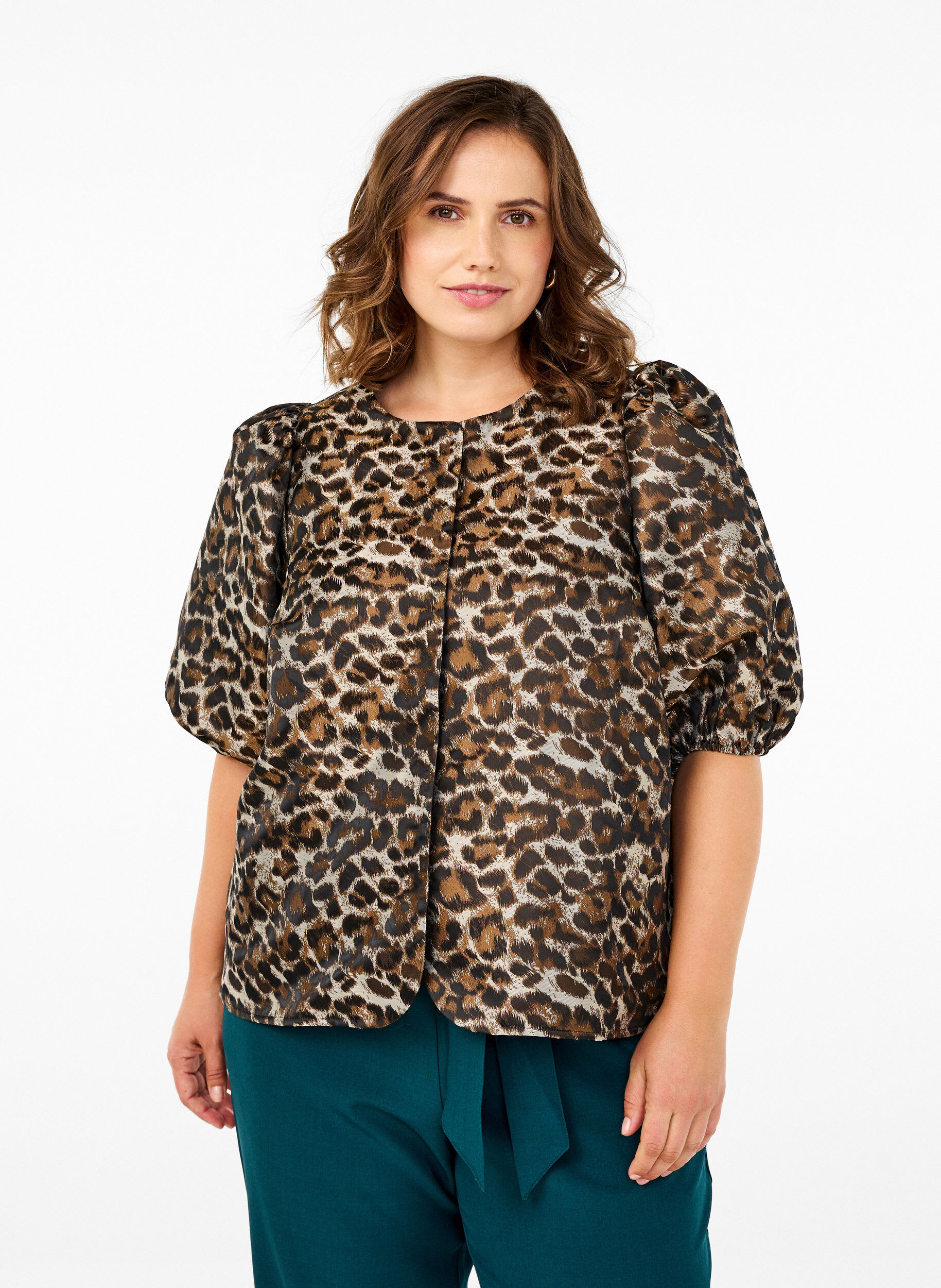 Zizzi VesteJacquard Leo &agrave; manches bouffantes, Brown Leo AOP, Model image number 0