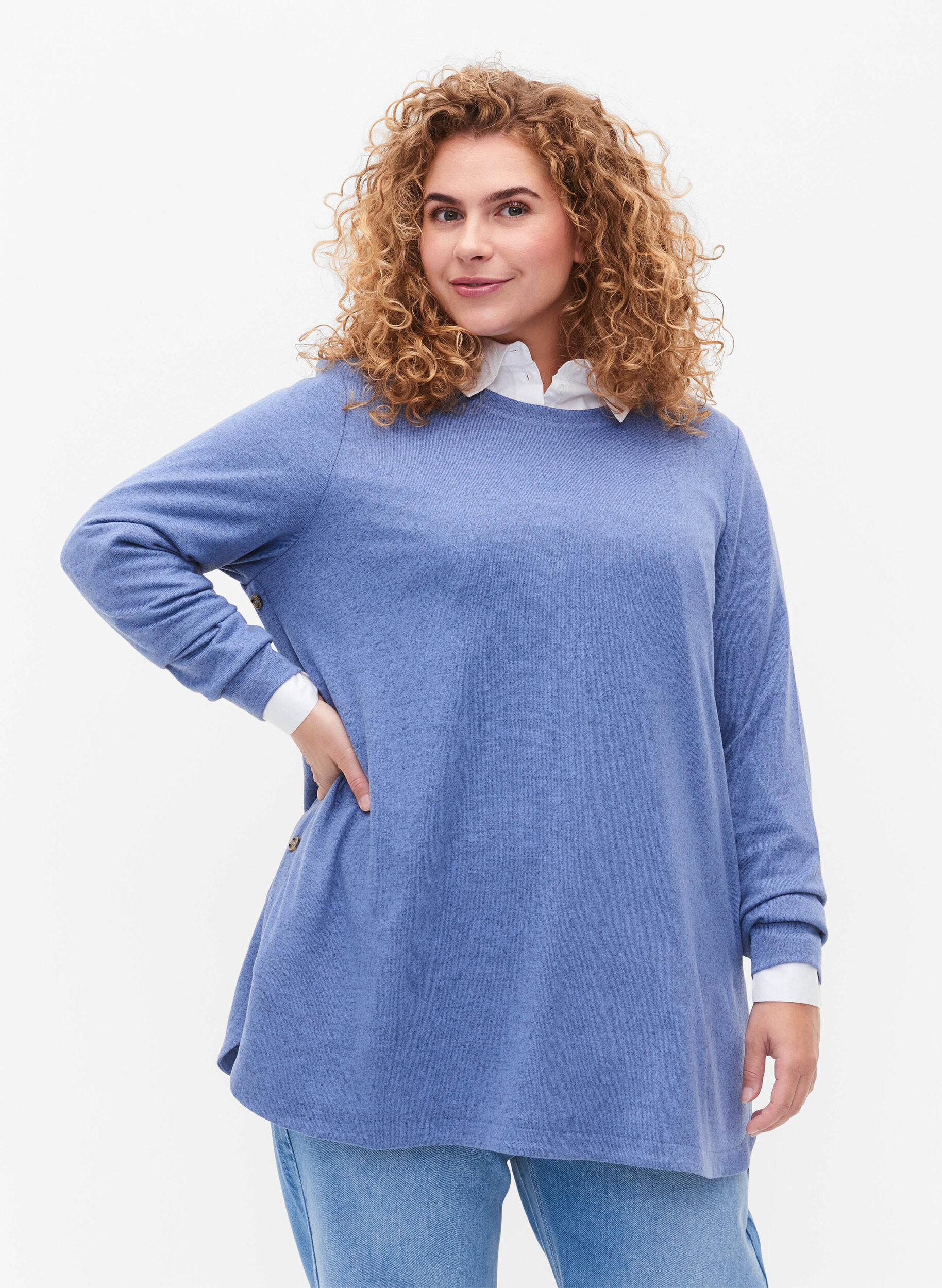 Zizzi Blouse m&eacute;lang&eacute;e avec boutons, Colony Blue Melange, Model image number 0