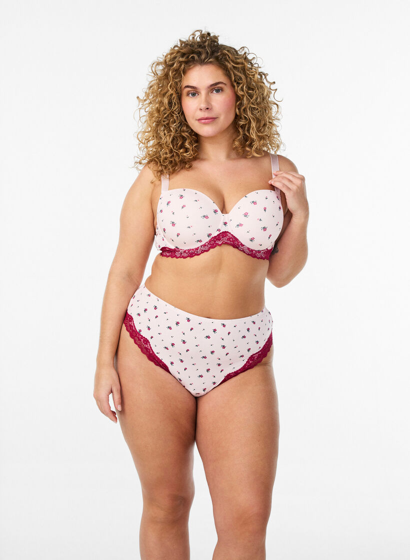Soutien-gorge coqu&eacute; &agrave; imprim&eacute; floral et dentelle, Rose, Model image number 1