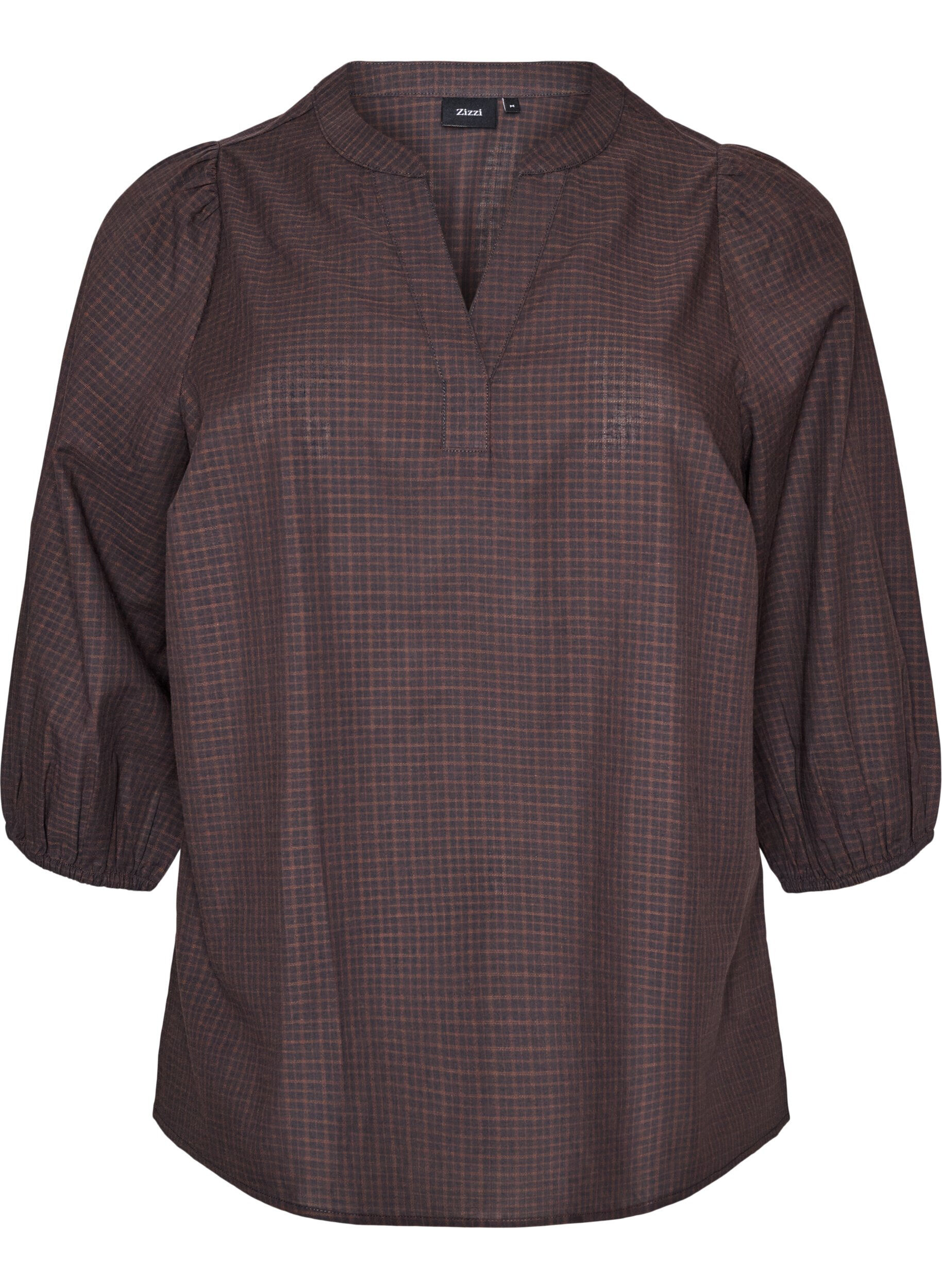 ZizziBlouse &agrave; carreaux avec col en V et manches 3/4, Marron, Packshot image number 0