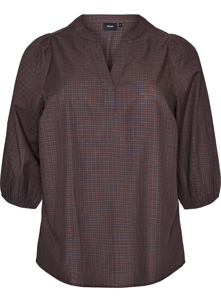 Blouse &agrave; carreaux avec col en V et manches 3/4, Marron, Packshot image number 0