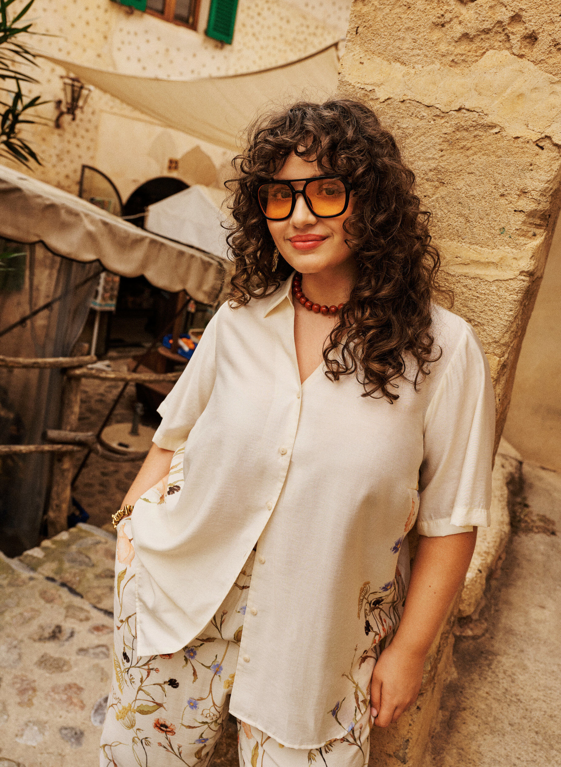 ZizziChemisier &agrave; manches au coude et d&eacute;tails floraux, Beige, Image image number 0