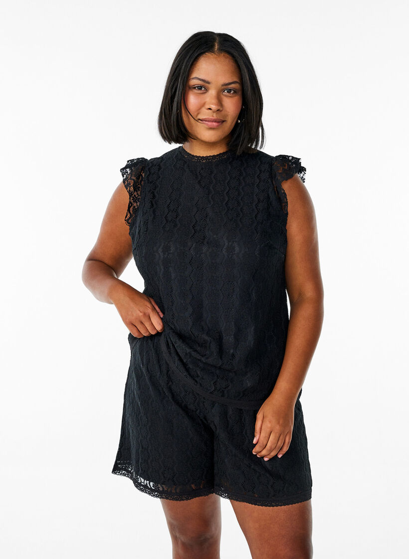 Top en dentelle avec détails volantés, Noir, Model image number 0