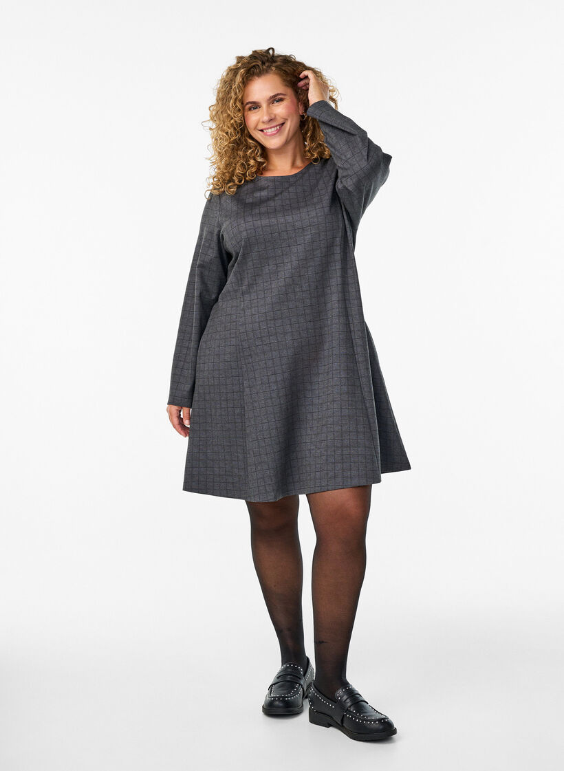 Robe courte à carreaux et coupe évasée, Gris, Model image number 1