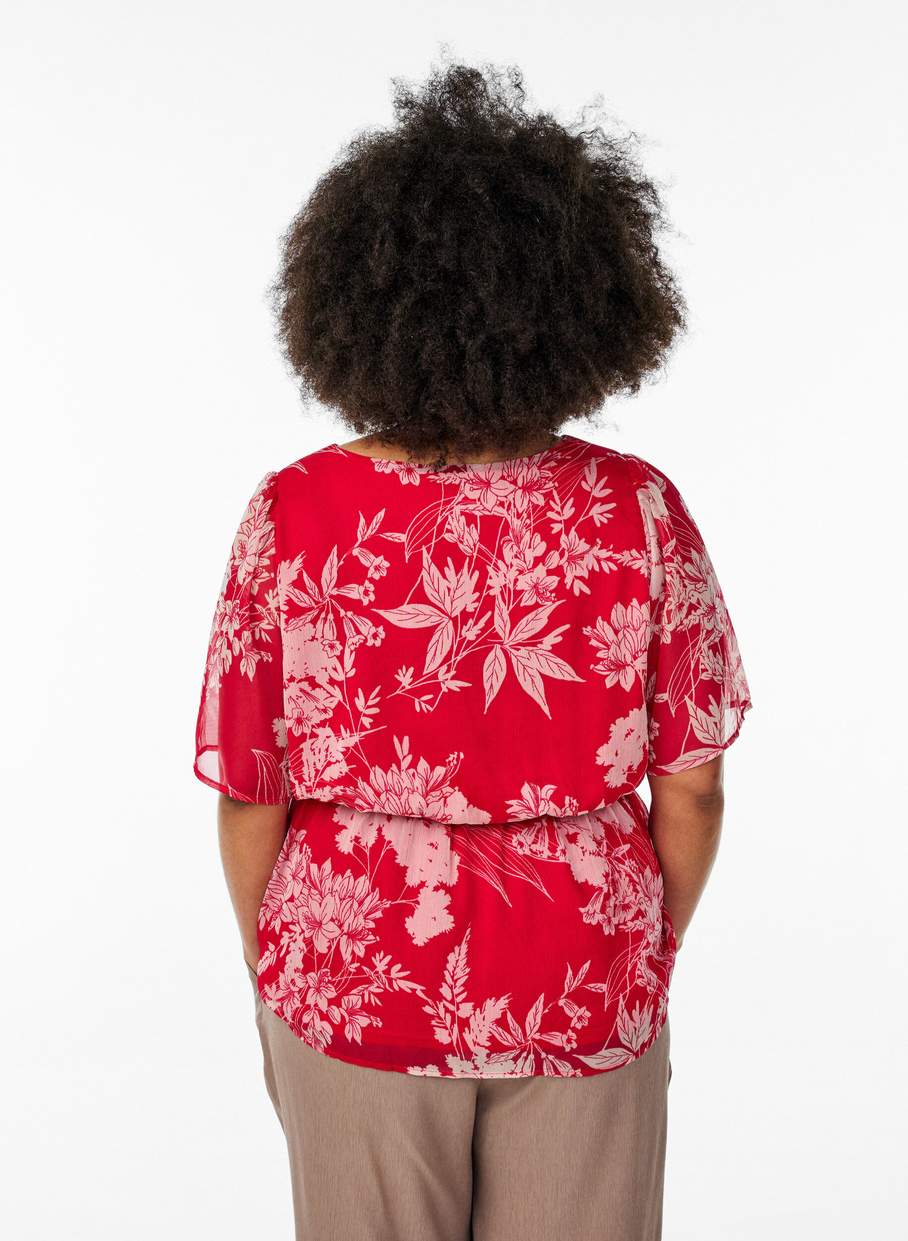 Zizzi Chemisier en mousseline floral avec taille &eacute;lastique, Rouge, Model image number 2