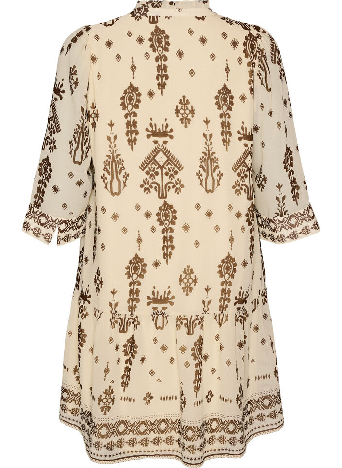 Robe avec imprim&eacute; ornemental et col &agrave; volants, Beige, Packshot image number 1