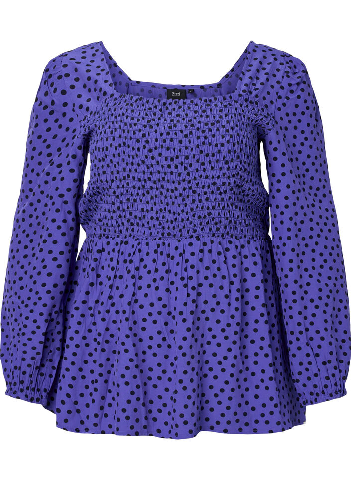 Blouse en viscose à pois avec smock, R.Blue w. Black Dot, Packshot image number 0