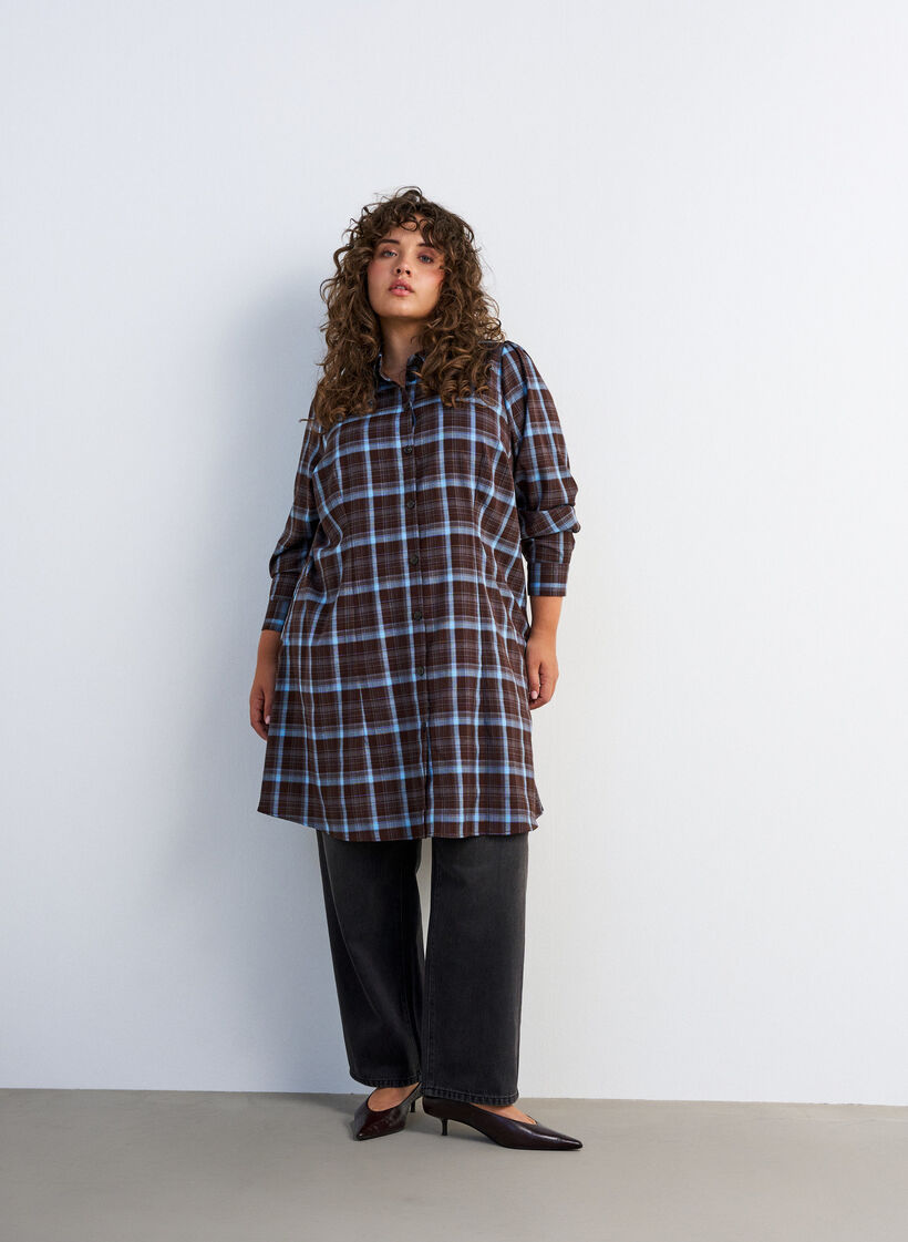 Robe-chemise mi-longue avec un motif &agrave; carreaux, Marron, Model image number 3