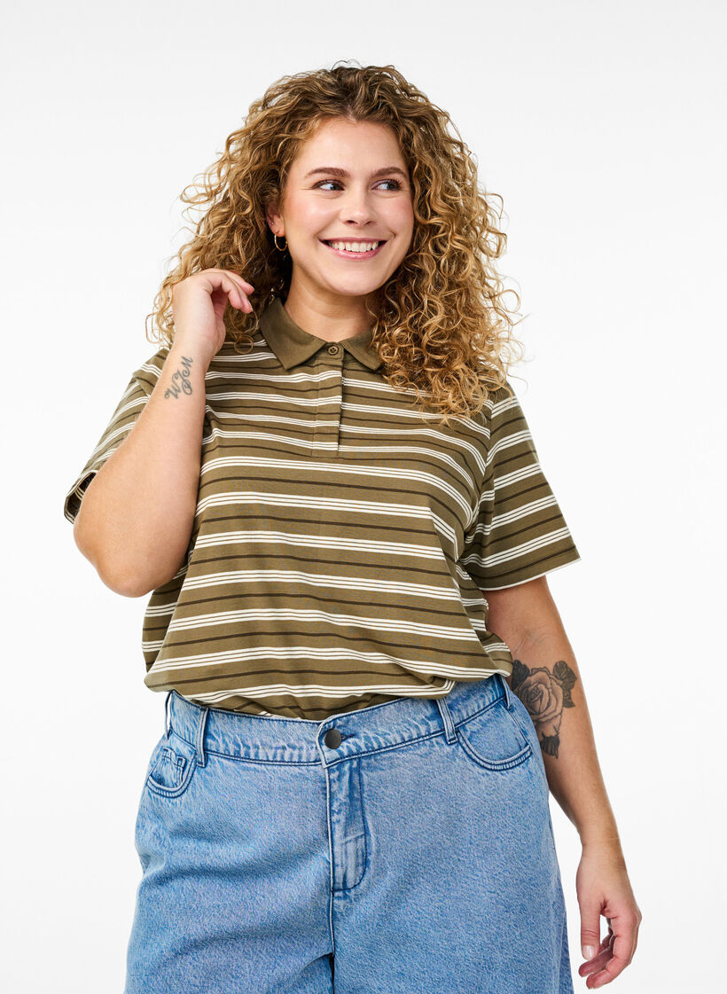 Polo rayé à manches courtes, Vert, Model image number 0