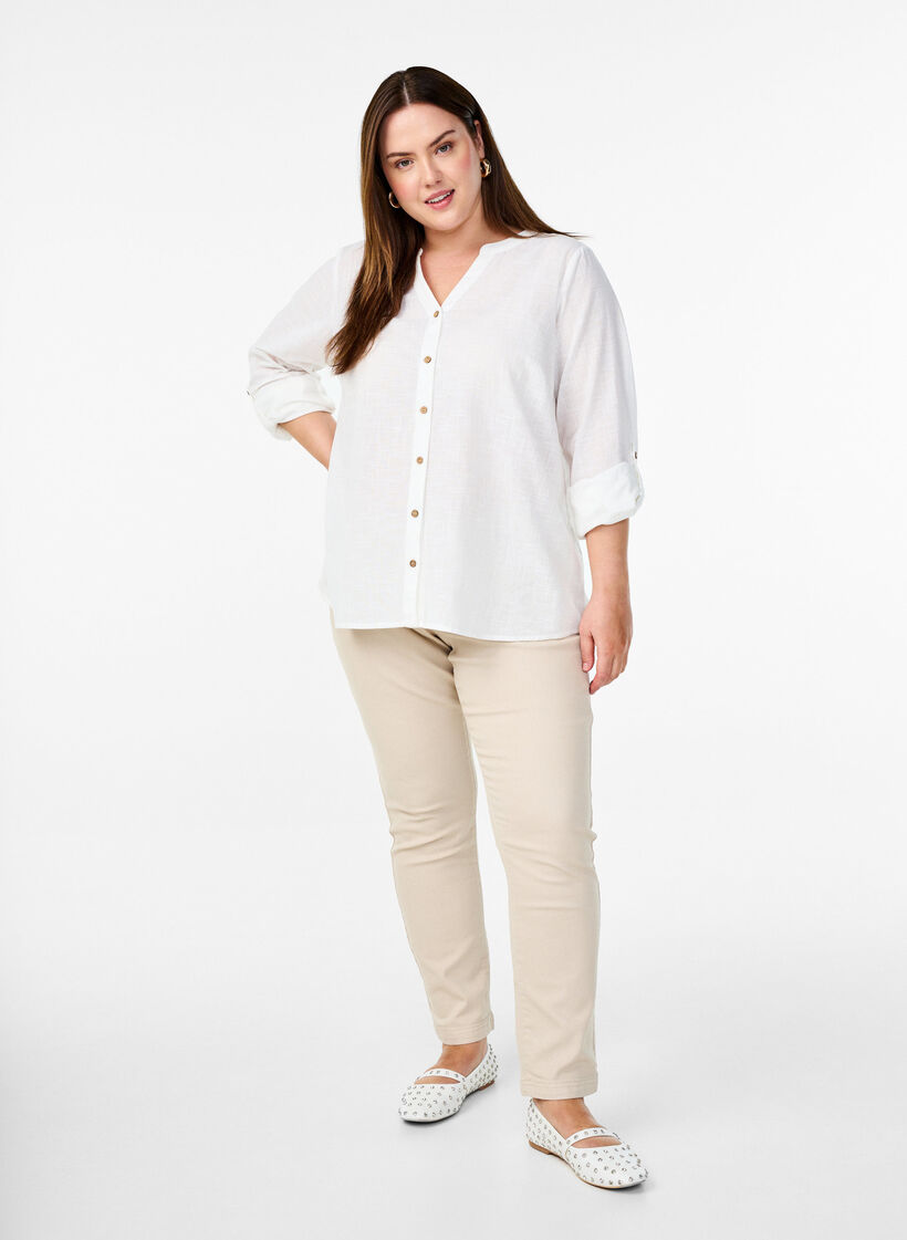 Chemisier en coton avec un col en V, Blanc, Model image number 1