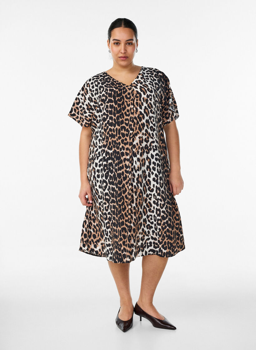 Robe &agrave; col en V en viscose, Marron, Model image number 0