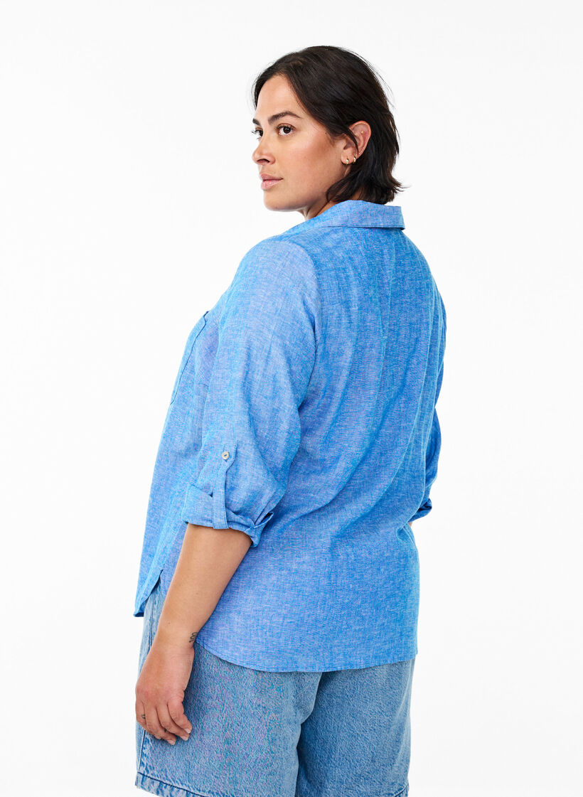 Chemise en lin et viscose avec manches 3/4, Bleu, Model image number 1