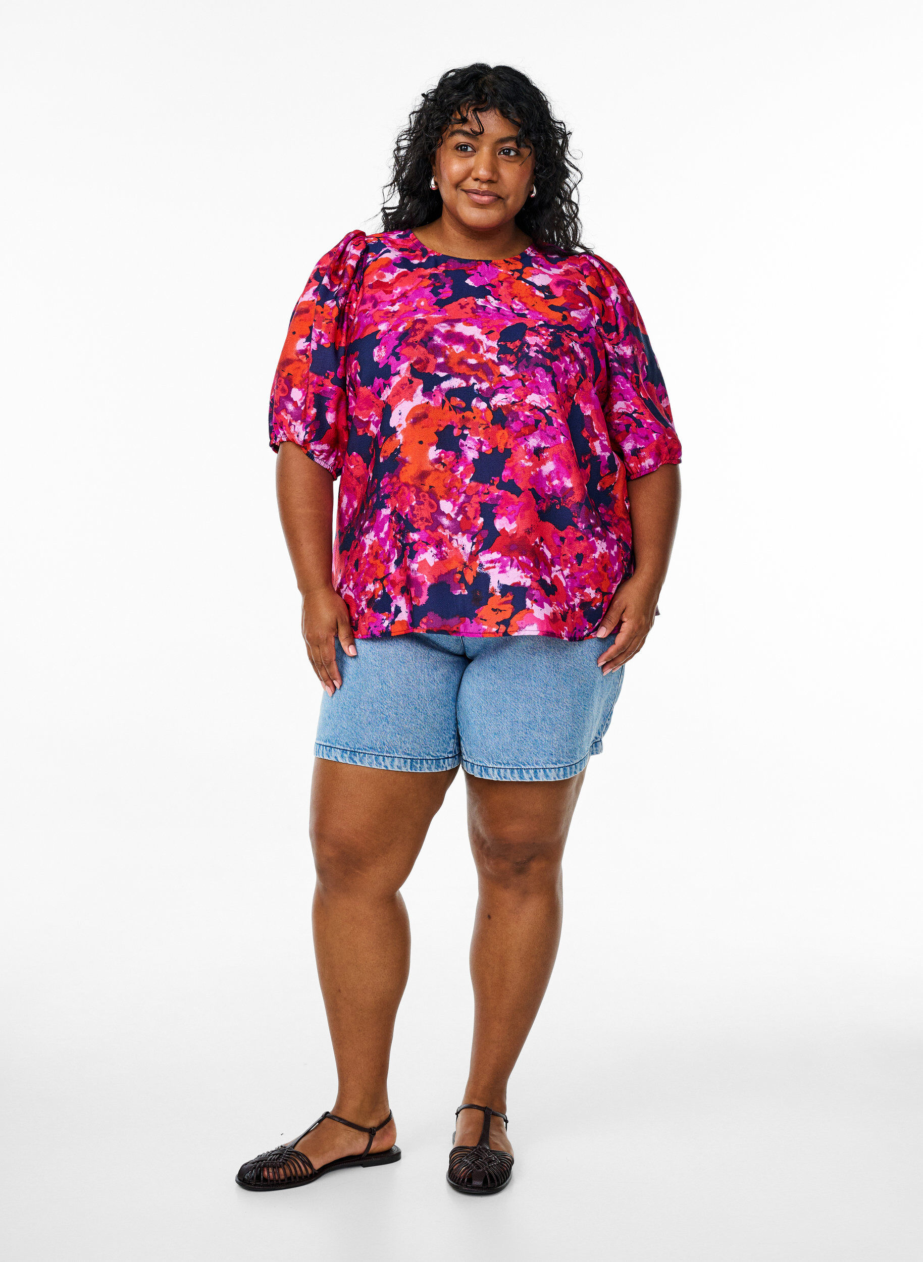 Zizzi Chemisier &agrave; manches 1/2 et imprim&eacute; color&eacute;, Rose, Model image number 1