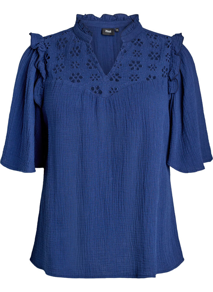 Blouse en mousseline de coton avec broderie anglaise et manches 1/2, Bleu, Packshot image number 0