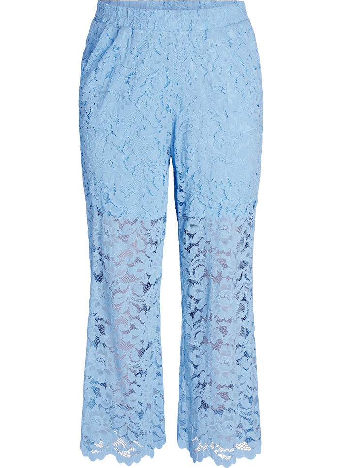 Pantalon taille haute en dentelle &agrave; coupe droite, Bleu, Packshot image number 0