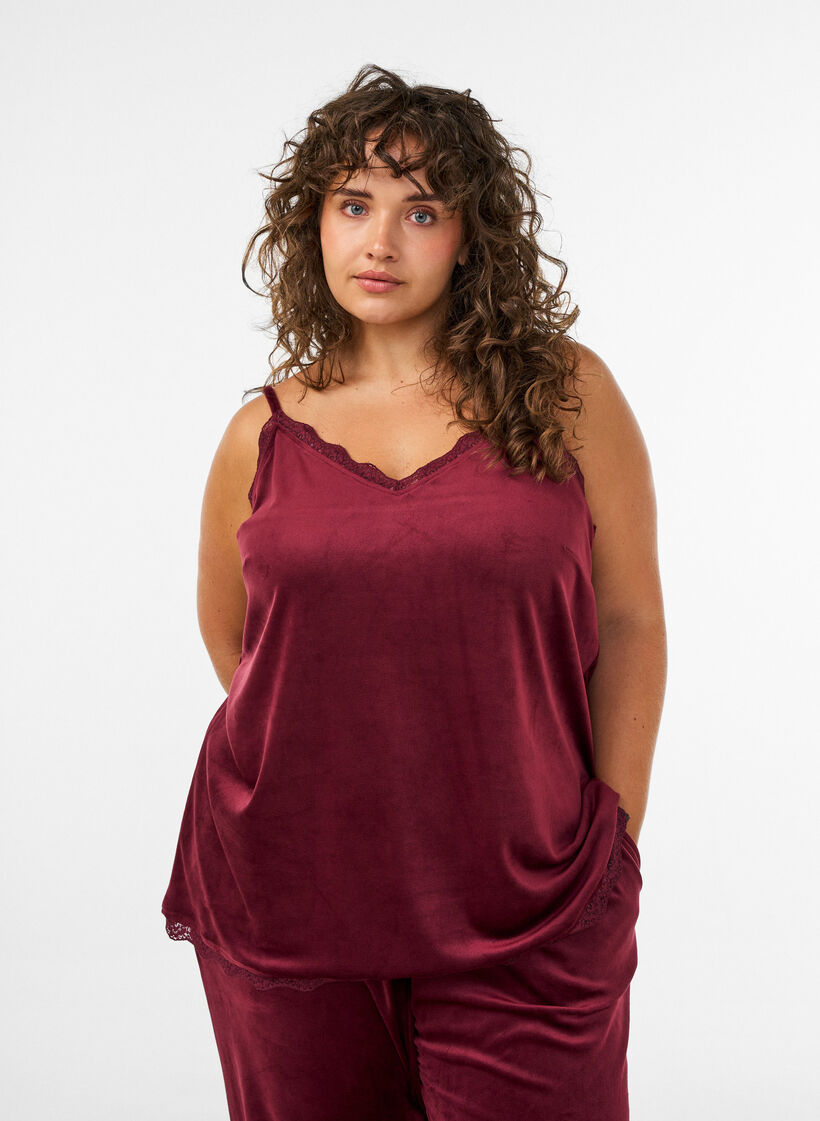 Top en velours avec bordure en dentelle, Bordeaux, Model image number 0