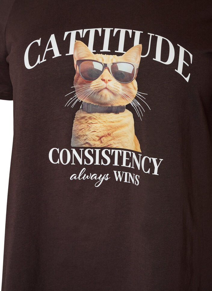 T-shirt en coton avec imprim&eacute; chat et col rond, Marron, Packshot image number 2
