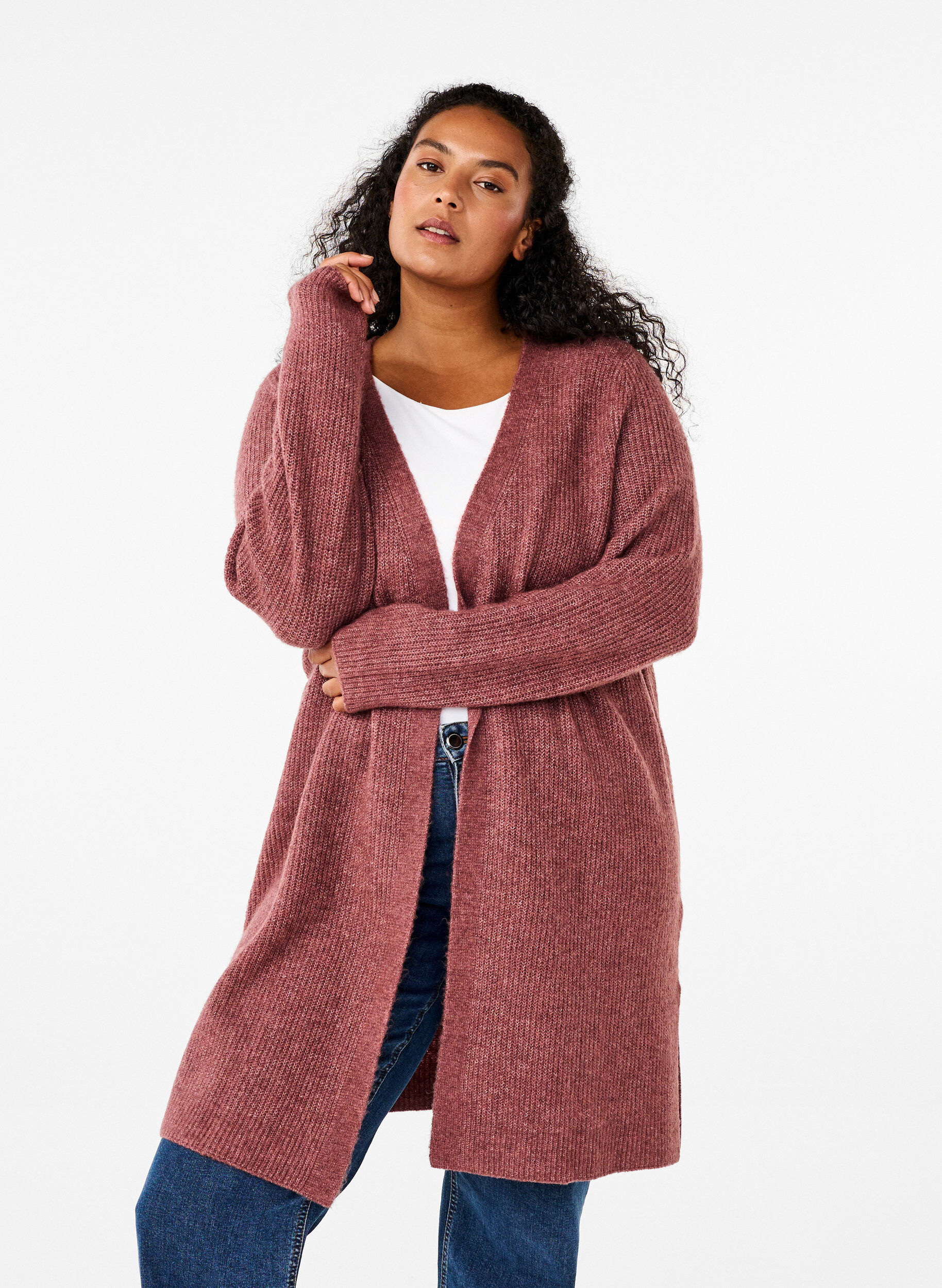 Zizzi FLASH - Cardigan &agrave; manches longues avec fentes lat&eacute;rales, Rose Brown Melange, Model image number 0