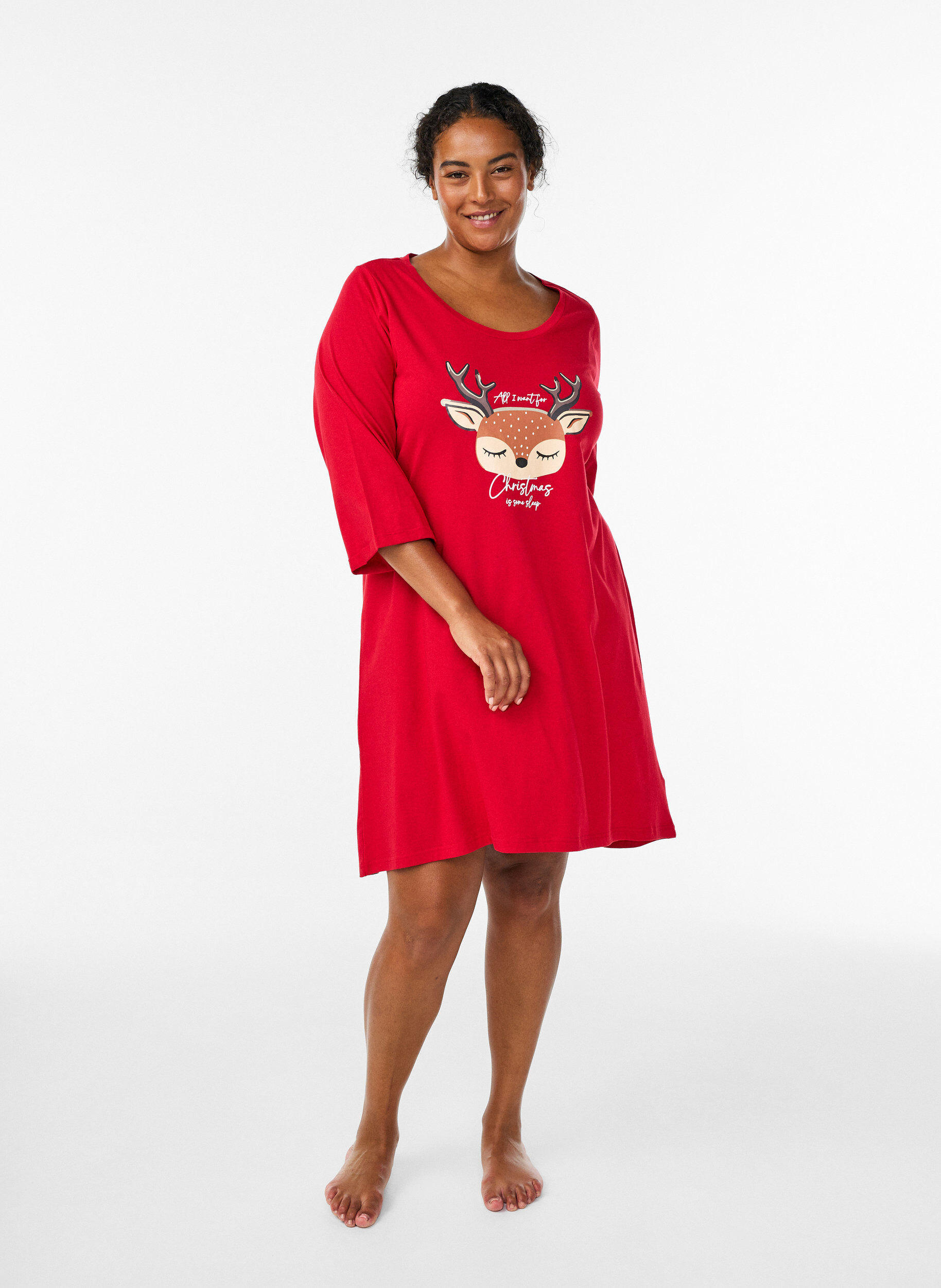 Zizzi Chemise de nuit en coton bio avec motif de No&euml;l, Rouge, Model image number 1