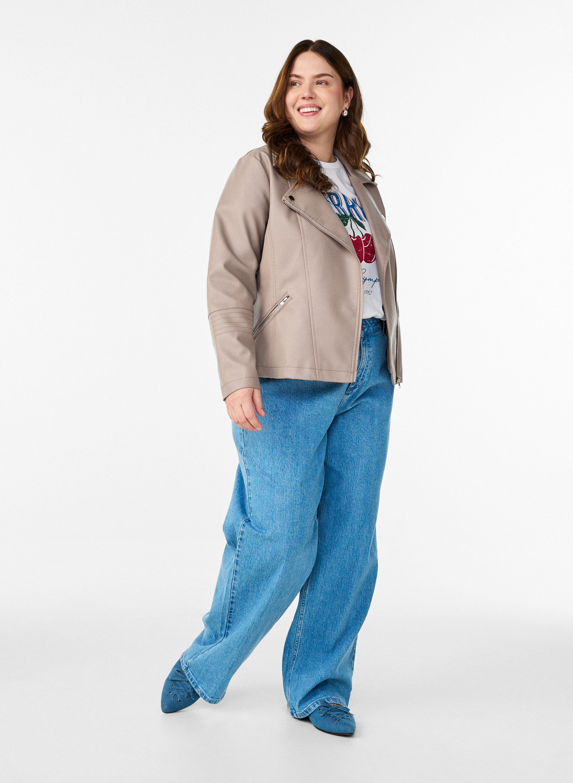 Zizzi Veste biker en similicuir, Gris, Model image number 1