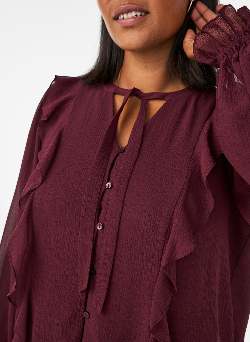 Blouse transparente avec volants et liens &agrave; nouer, Bordeaux, Model image number 3