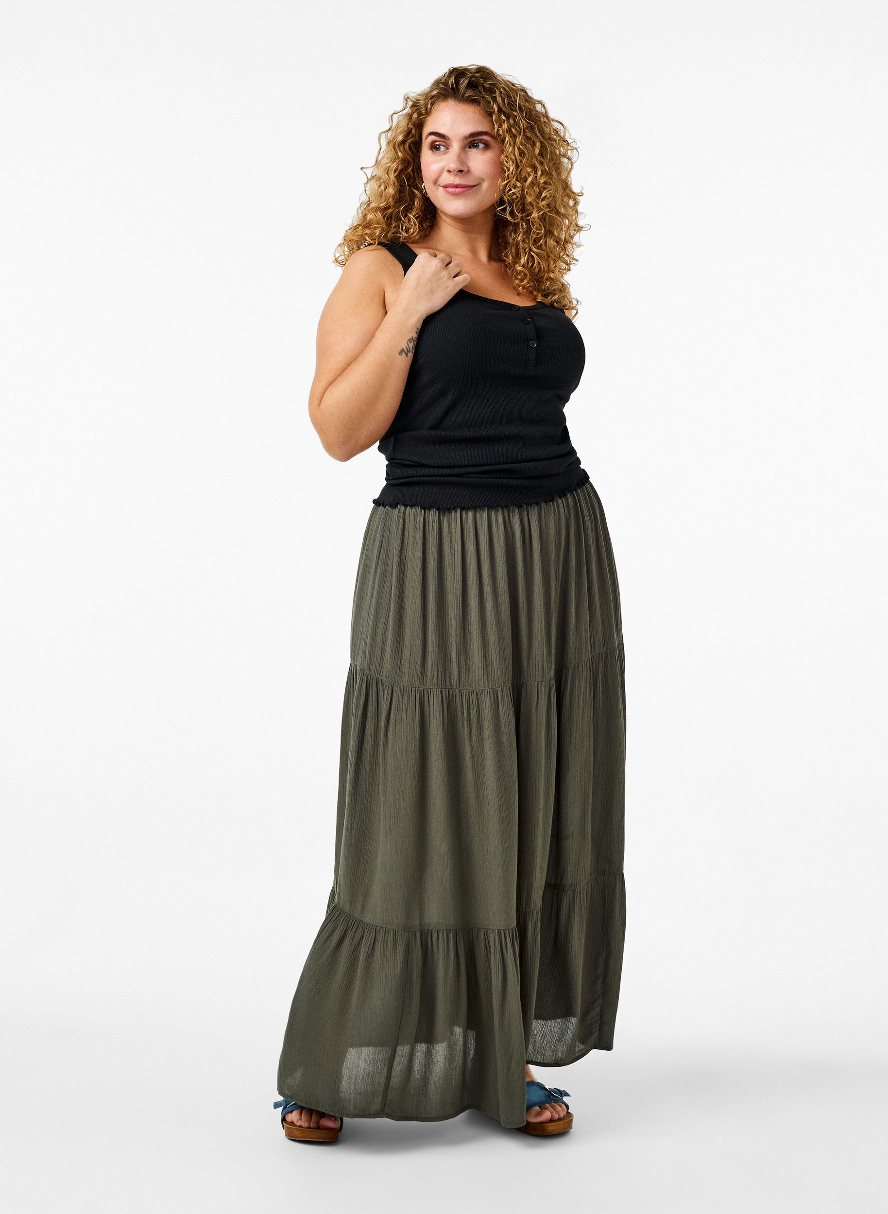 ZizziJupe longue &agrave; taille &eacute;lastiqu&eacute;e, Vert, Model image number 0
