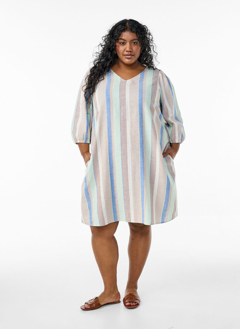 Robes courtes en lin et viscose à manches 3/4, Bleu, Model image number 1