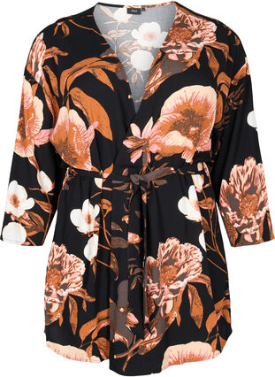 Kimono à fleurs en viscose, Black Flower AOP, Packshot image number 0