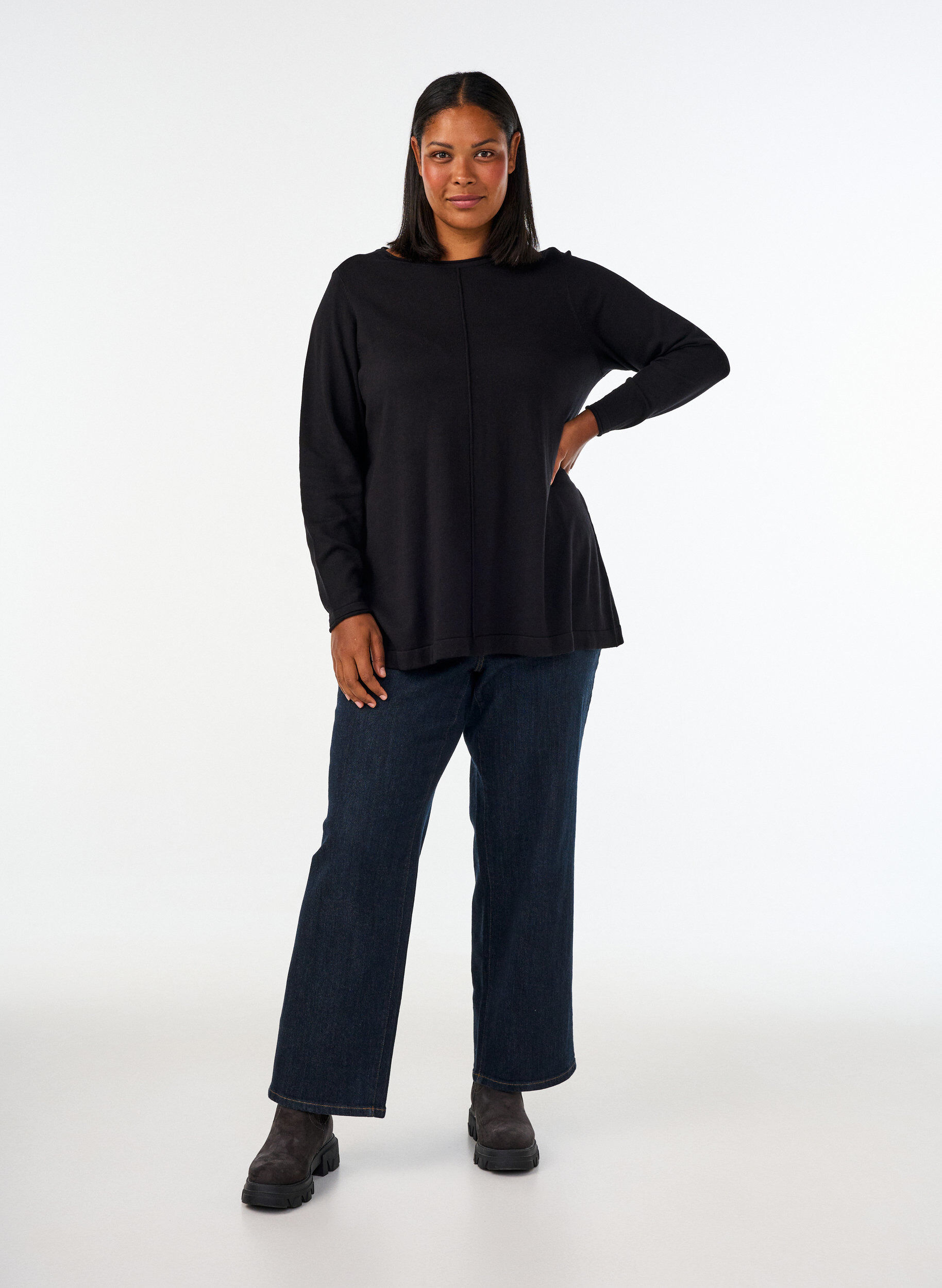 ZizziBlouse tricot&eacute;e en m&eacute;lange coton-viscose, Noir, Model image number 1