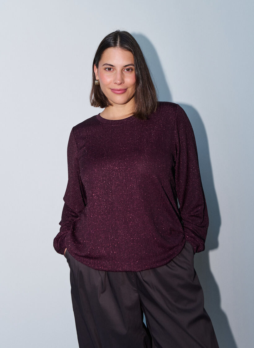 Blouse avec texture verticale et fils scintillants, Bordeaux, Model image number 3