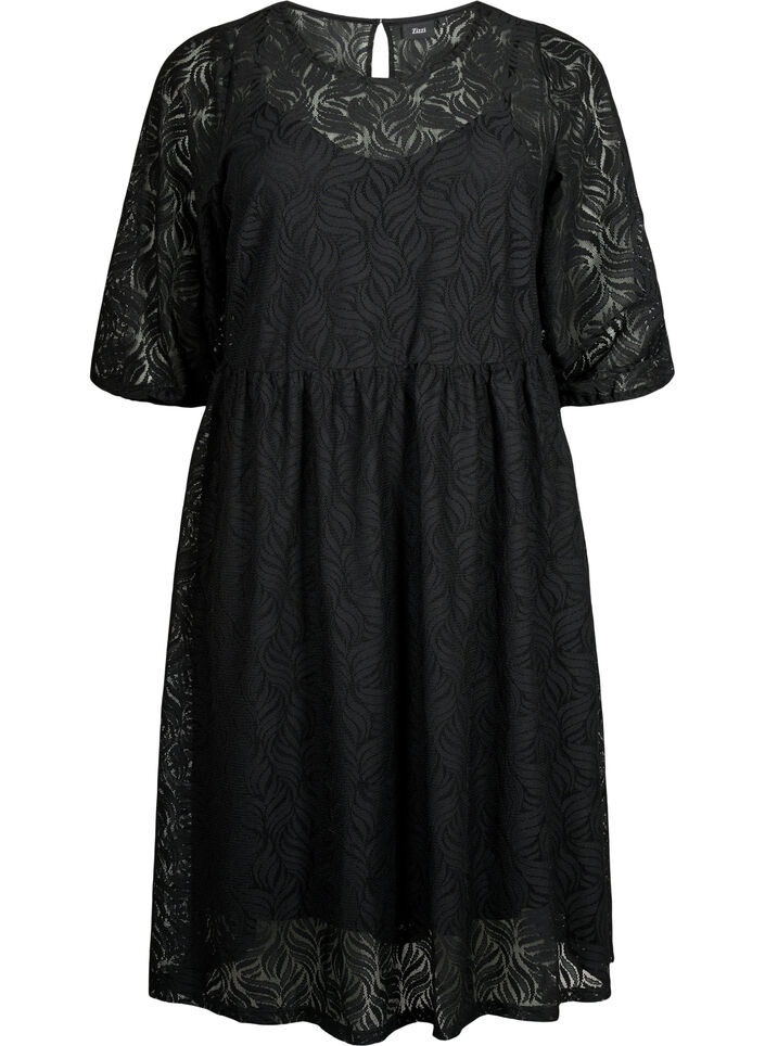 Robe en dentelle avec manches 3/4	, Black, Packshot image number 0