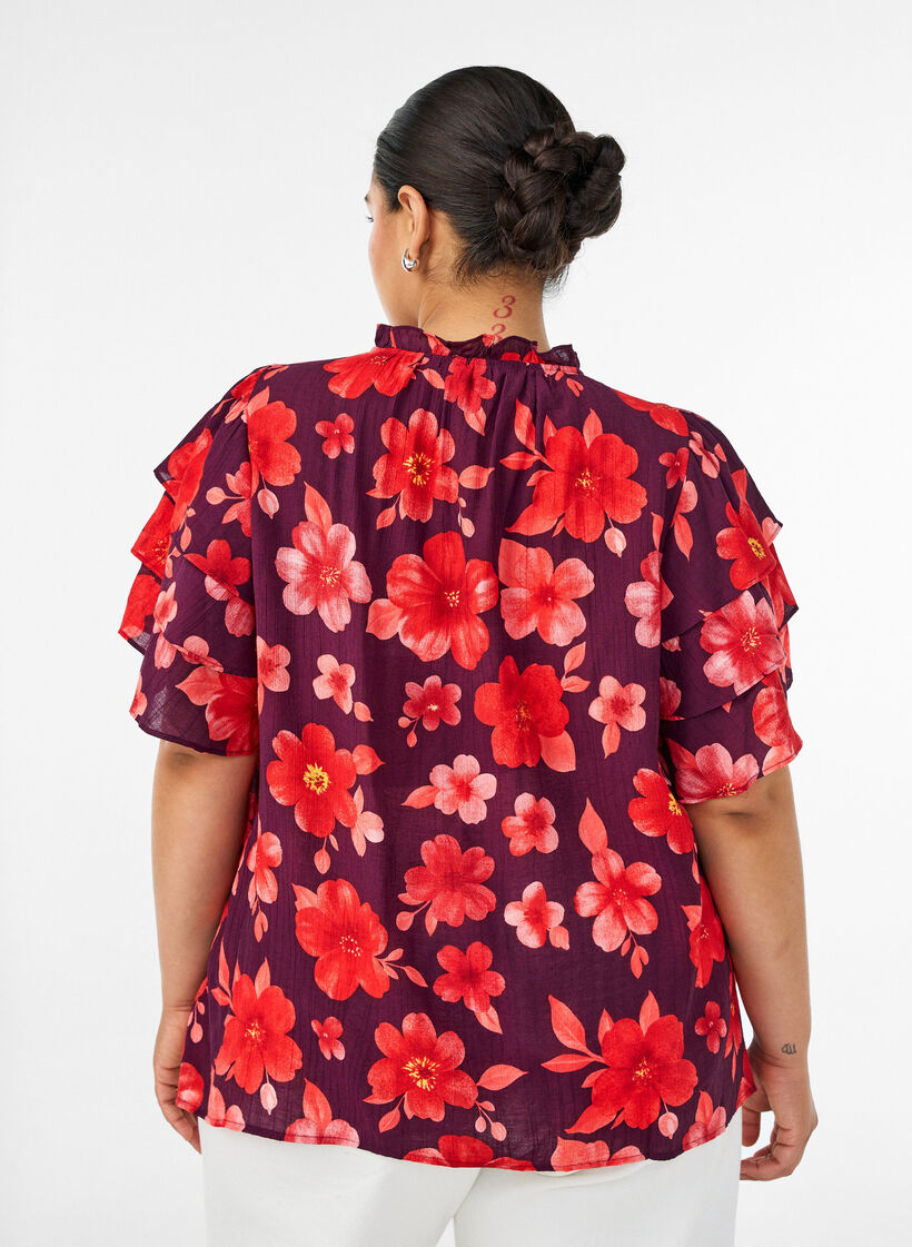 Blouse florale en viscose avec manches &agrave; volants, Violet, Model image number 2