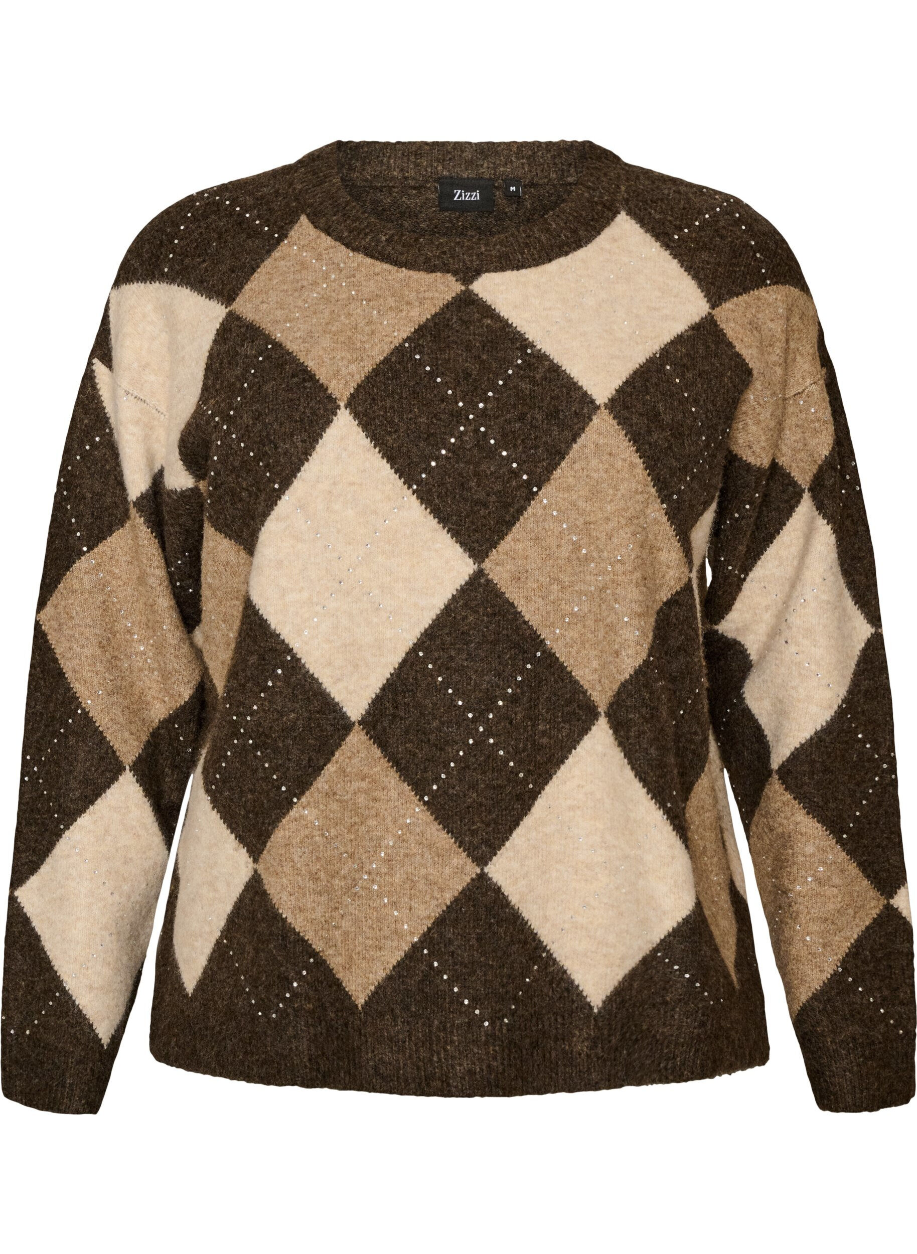 ZizziHaut en maille avec motif losanges et strass, Marron, Packshot image number 0