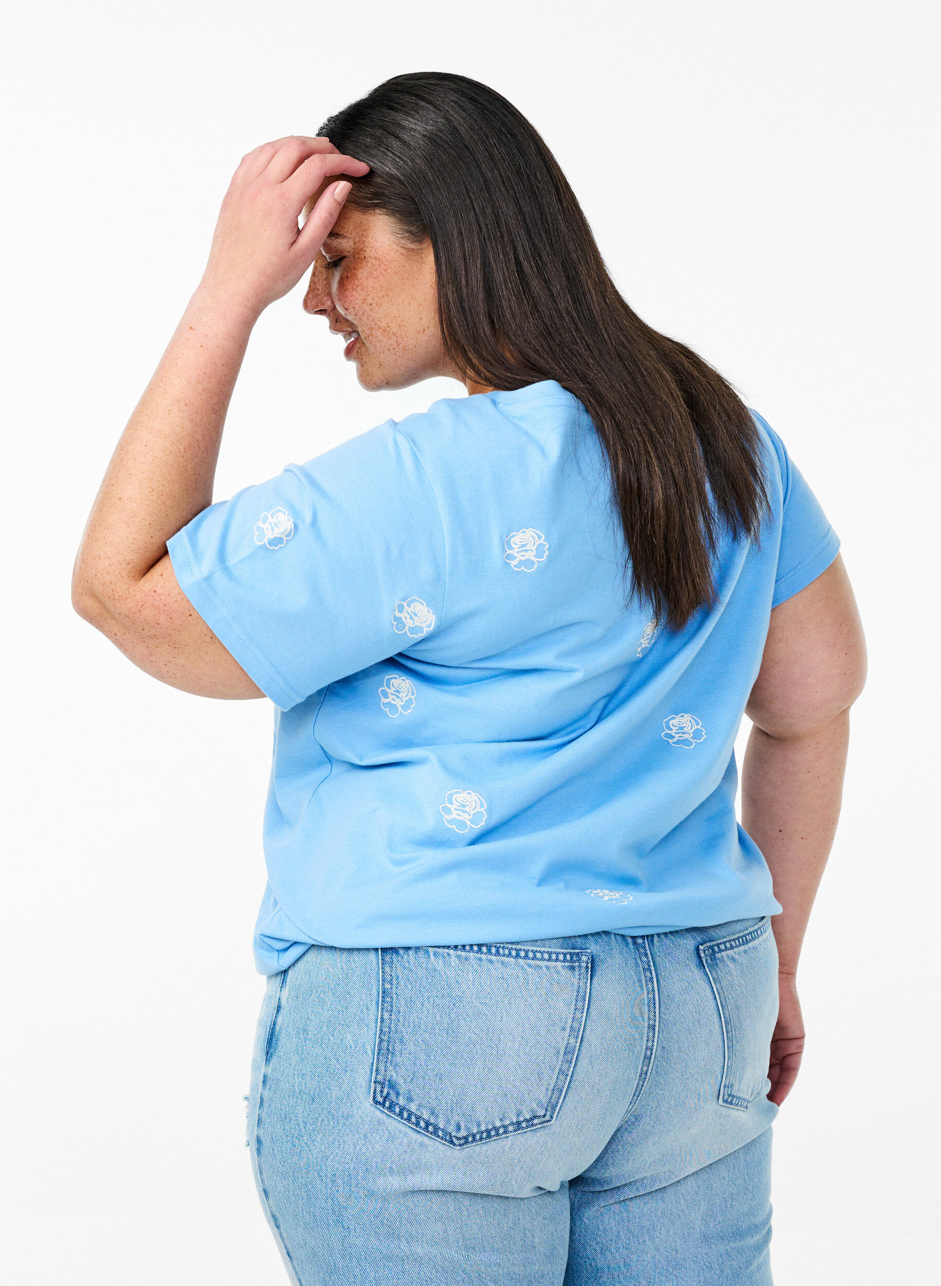 ZizziT-shirt en coton biologique avec motifs brod&eacute;s, Bleu Clair, Model image number 2