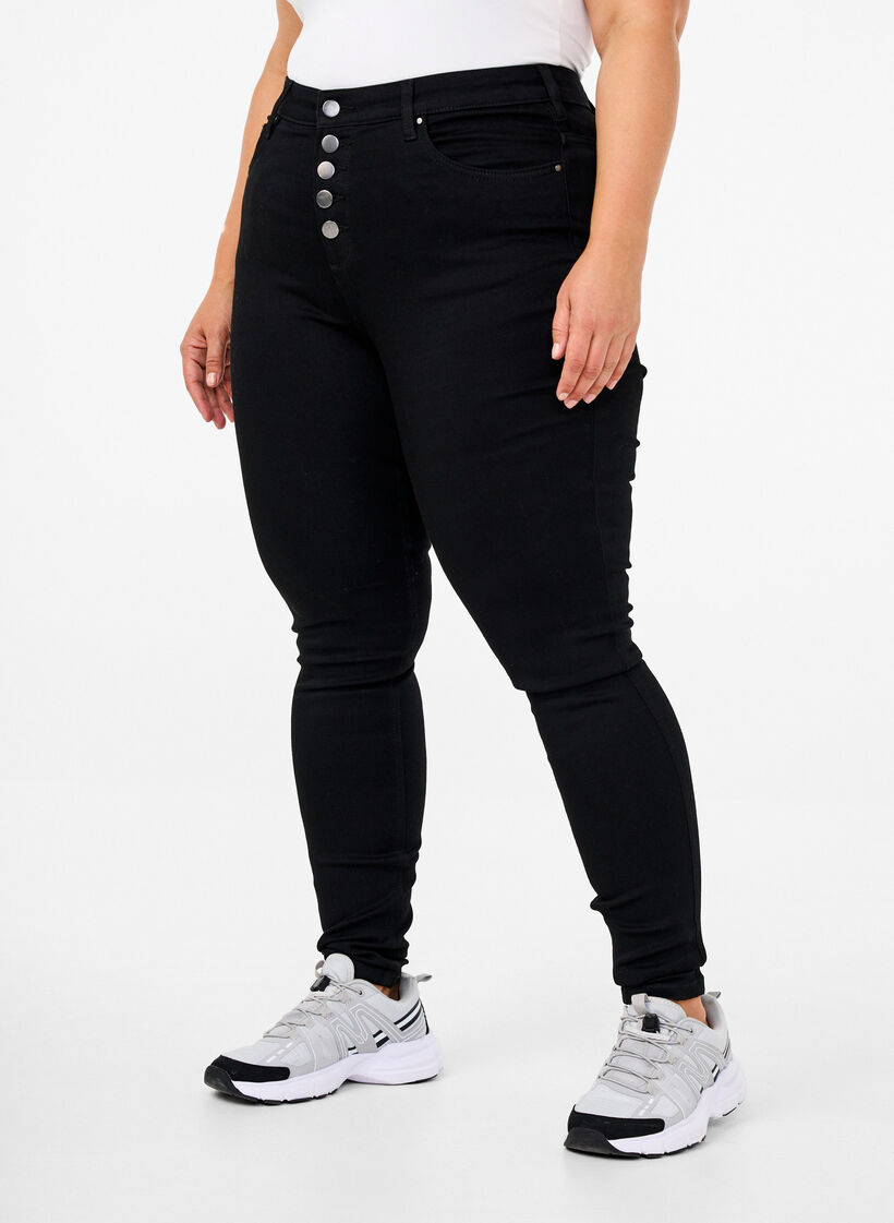 Jeans Amy à taille haute avec fermeture à bouton, Black, Model image number 2