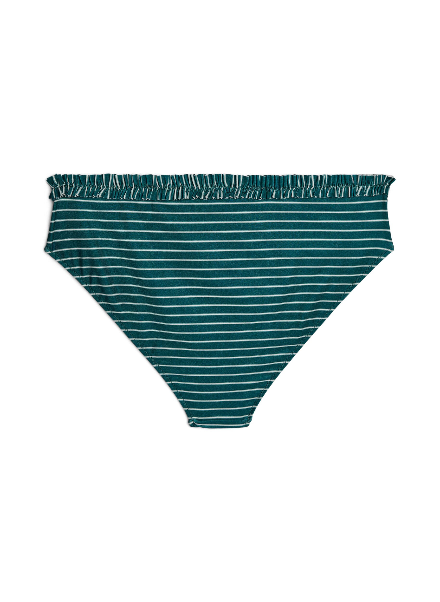 Zizzi Culotte de bikini tai &agrave; rayures avec bord fronc&eacute;, Vert fonc&eacute;, Packshot image number 1